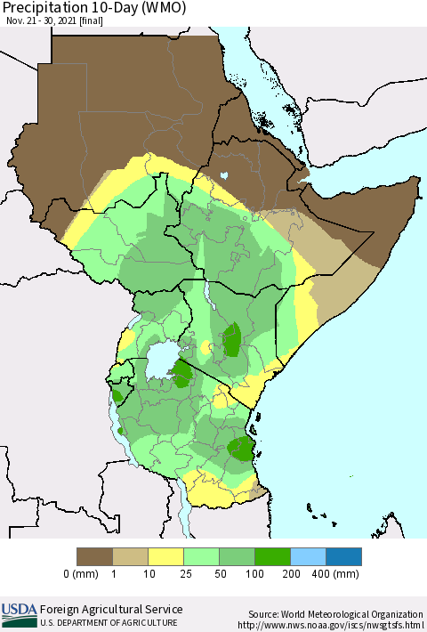 Eastern Africa Precipitation 10-Day (WMO) Thematic Map For 11/21/2021 - 11/30/2021