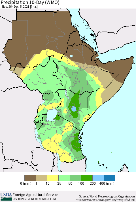 Eastern Africa Precipitation 10-Day (WMO) Thematic Map For 11/26/2021 - 12/5/2021