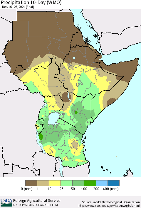 Eastern Africa Precipitation 10-Day (WMO) Thematic Map For 12/16/2021 - 12/25/2021