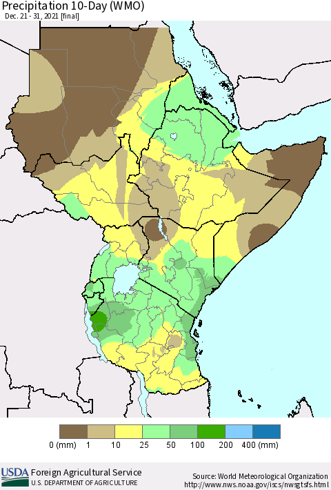 Eastern Africa Precipitation 10-Day (WMO) Thematic Map For 12/21/2021 - 12/31/2021
