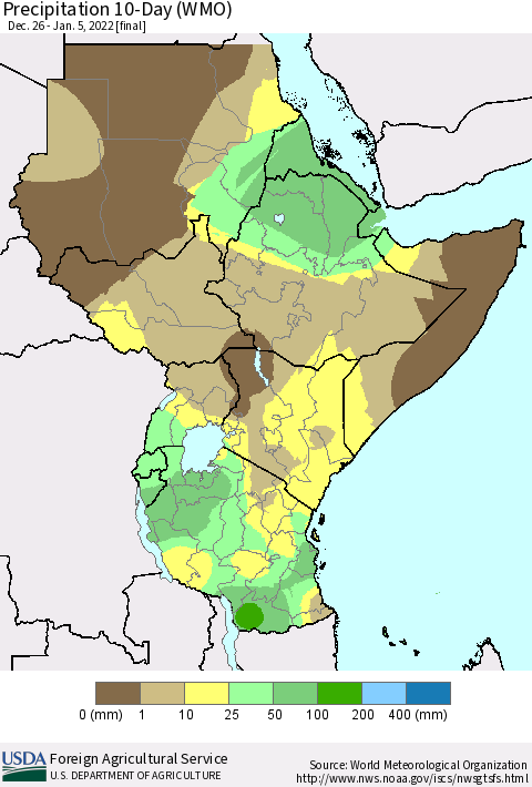 Eastern Africa Precipitation 10-Day (WMO) Thematic Map For 12/26/2021 - 1/5/2022