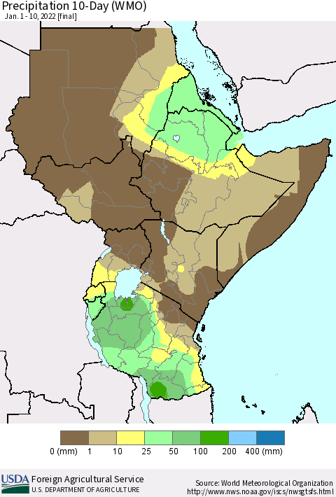 Eastern Africa Precipitation 10-Day (WMO) Thematic Map For 1/1/2022 - 1/10/2022