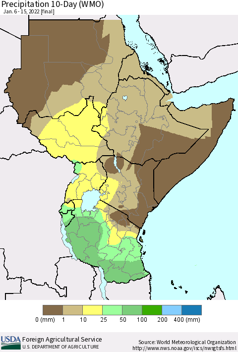 Eastern Africa Precipitation 10-Day (WMO) Thematic Map For 1/6/2022 - 1/15/2022