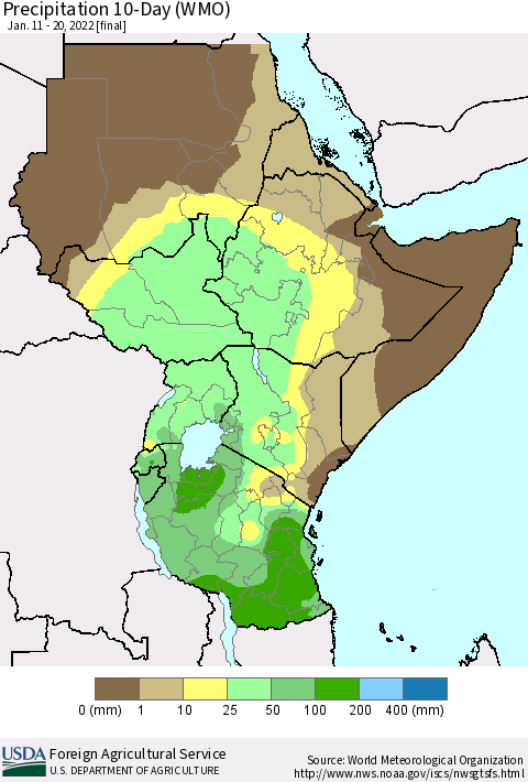 Eastern Africa Precipitation 10-Day (WMO) Thematic Map For 1/11/2022 - 1/20/2022
