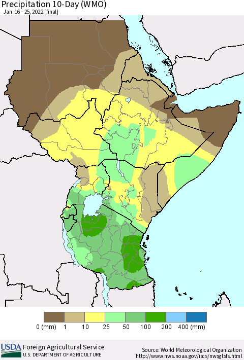 Eastern Africa Precipitation 10-Day (WMO) Thematic Map For 1/16/2022 - 1/25/2022