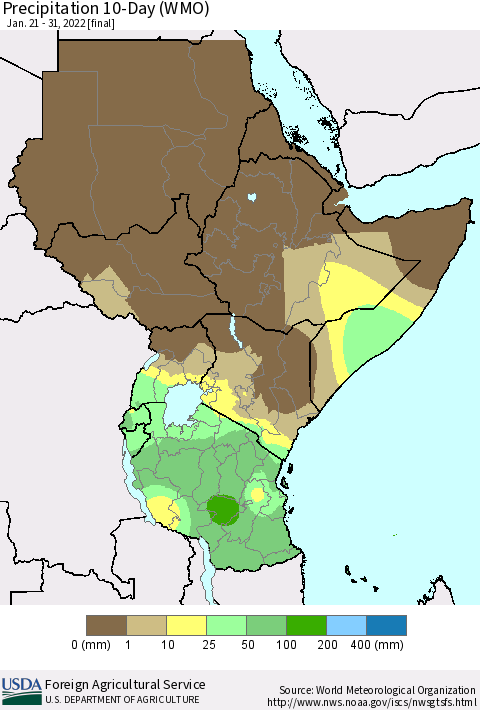 Eastern Africa Precipitation 10-Day (WMO) Thematic Map For 1/21/2022 - 1/31/2022