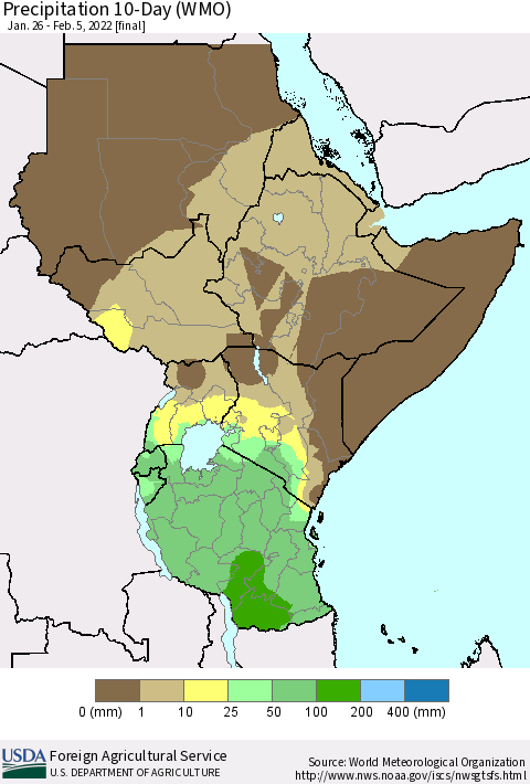 Eastern Africa Precipitation 10-Day (WMO) Thematic Map For 1/26/2022 - 2/5/2022