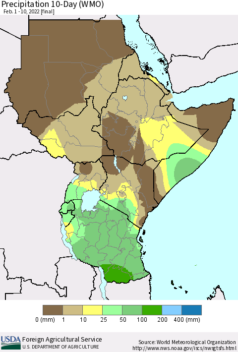 Eastern Africa Precipitation 10-Day (WMO) Thematic Map For 2/1/2022 - 2/10/2022