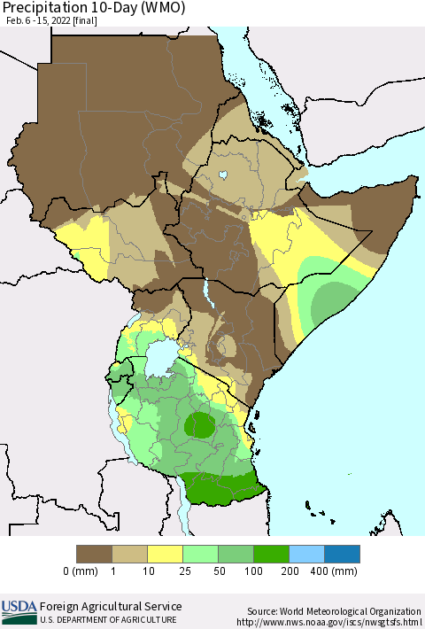 Eastern Africa Precipitation 10-Day (WMO) Thematic Map For 2/6/2022 - 2/15/2022