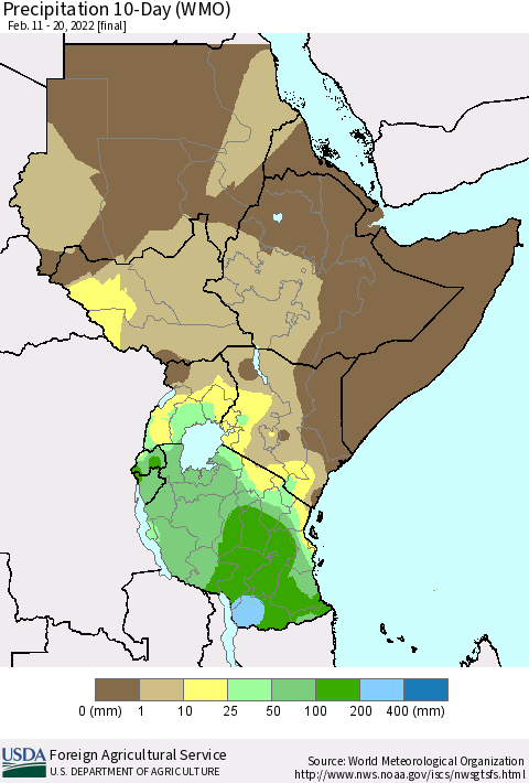 Eastern Africa Precipitation 10-Day (WMO) Thematic Map For 2/11/2022 - 2/20/2022