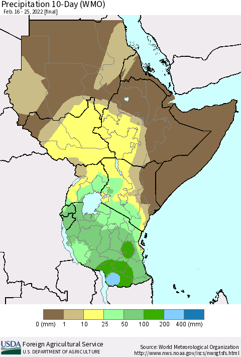Eastern Africa Precipitation 10-Day (WMO) Thematic Map For 2/16/2022 - 2/25/2022