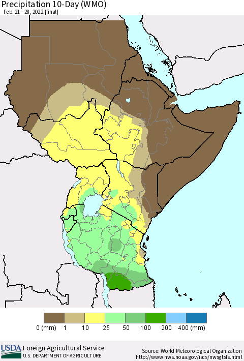 Eastern Africa Precipitation 10-Day (WMO) Thematic Map For 2/21/2022 - 2/28/2022