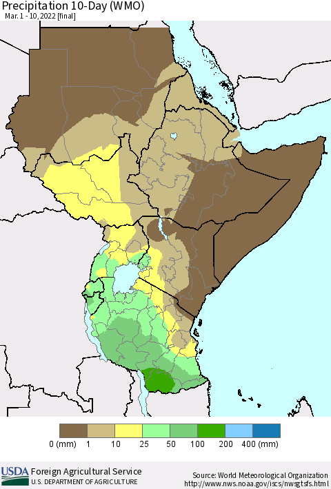 Eastern Africa Precipitation 10-Day (WMO) Thematic Map For 3/1/2022 - 3/10/2022