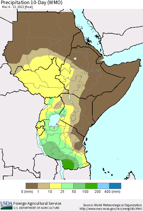 Eastern Africa Precipitation 10-Day (WMO) Thematic Map For 3/6/2022 - 3/15/2022
