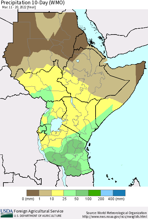 Eastern Africa Precipitation 10-Day (WMO) Thematic Map For 3/11/2022 - 3/20/2022