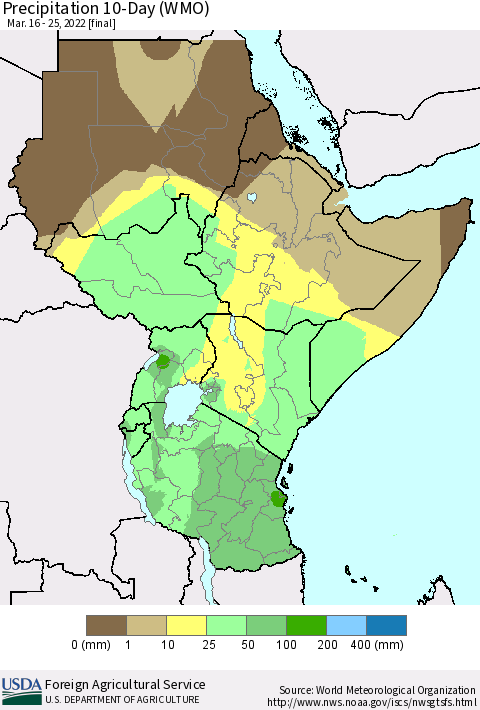 Eastern Africa Precipitation 10-Day (WMO) Thematic Map For 3/16/2022 - 3/25/2022