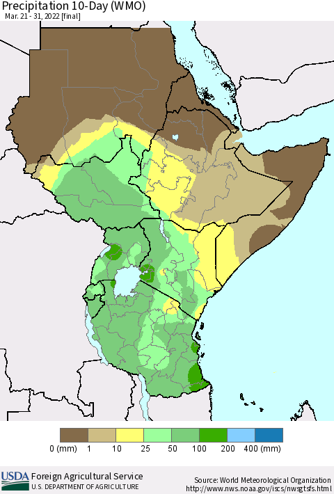 Eastern Africa Precipitation 10-Day (WMO) Thematic Map For 3/21/2022 - 3/31/2022