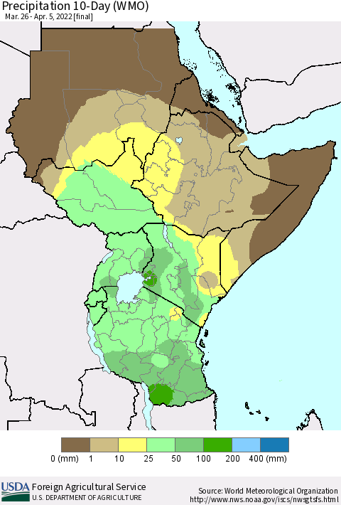 Eastern Africa Precipitation 10-Day (WMO) Thematic Map For 3/26/2022 - 4/5/2022