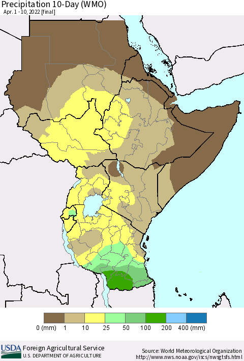 Eastern Africa Precipitation 10-Day (WMO) Thematic Map For 4/1/2022 - 4/10/2022