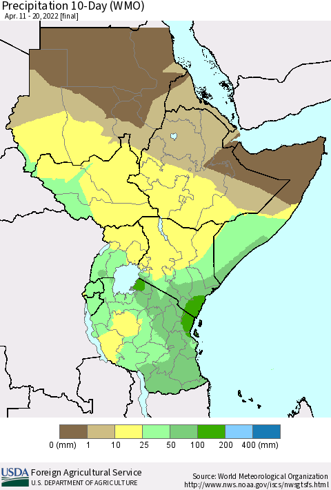 Eastern Africa Precipitation 10-Day (WMO) Thematic Map For 4/11/2022 - 4/20/2022
