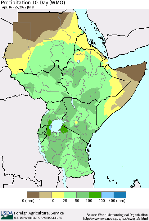 Eastern Africa Precipitation 10-Day (WMO) Thematic Map For 4/16/2022 - 4/25/2022