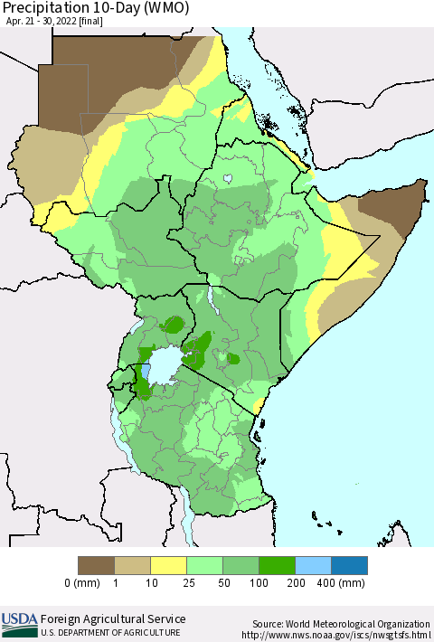 Eastern Africa Precipitation 10-Day (WMO) Thematic Map For 4/21/2022 - 4/30/2022