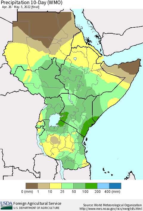 Eastern Africa Precipitation 10-Day (WMO) Thematic Map For 4/26/2022 - 5/5/2022