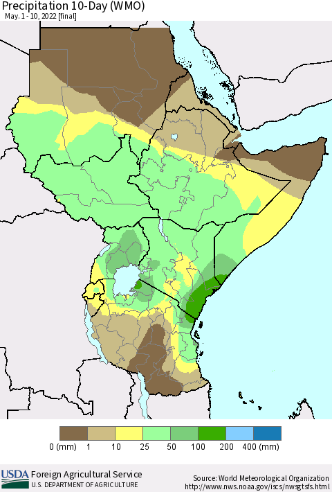 Eastern Africa Precipitation 10-Day (WMO) Thematic Map For 5/1/2022 - 5/10/2022