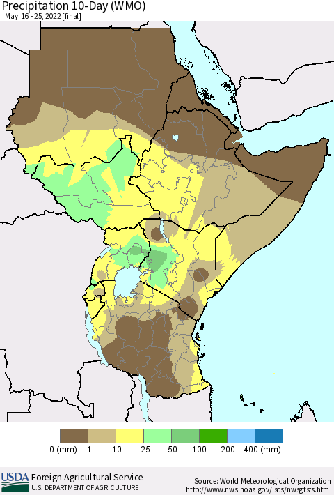 Eastern Africa Precipitation 10-Day (WMO) Thematic Map For 5/16/2022 - 5/25/2022