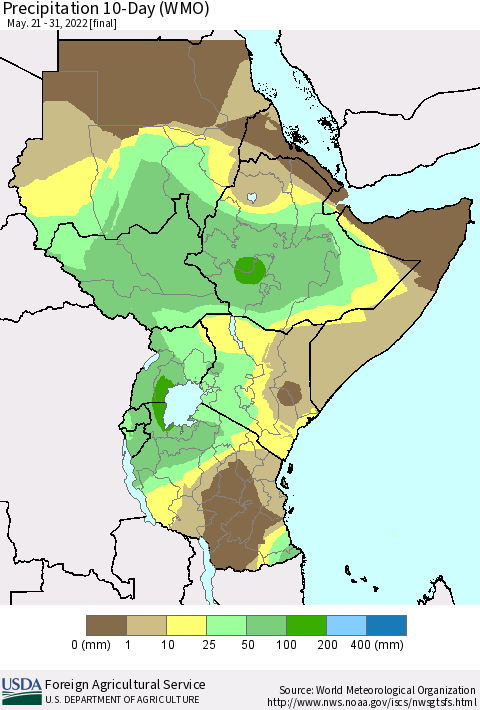 Eastern Africa Precipitation 10-Day (WMO) Thematic Map For 5/21/2022 - 5/31/2022