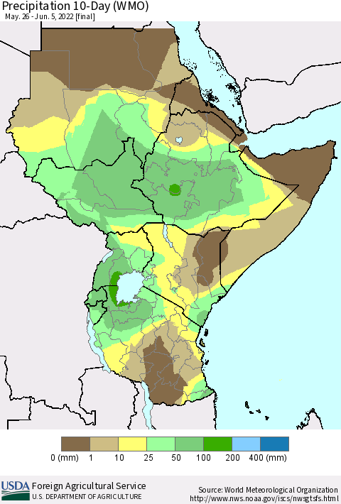 Eastern Africa Precipitation 10-Day (WMO) Thematic Map For 5/26/2022 - 6/5/2022