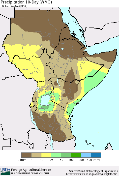 Eastern Africa Precipitation 10-Day (WMO) Thematic Map For 6/1/2022 - 6/10/2022