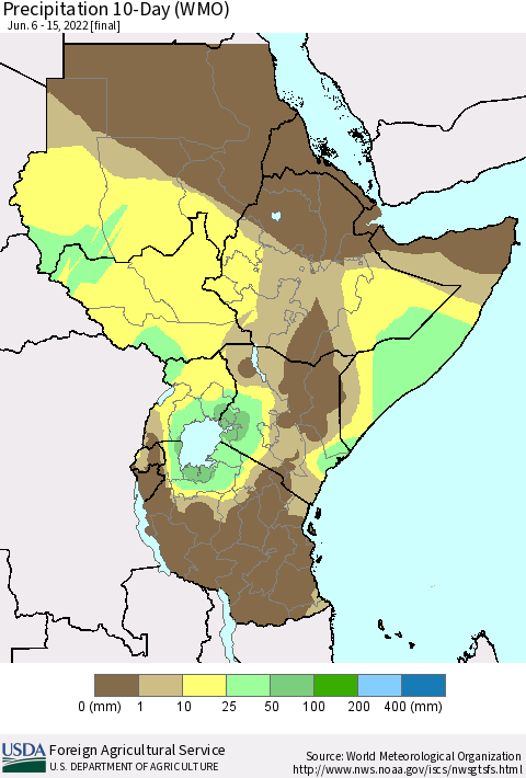 Eastern Africa Precipitation 10-Day (WMO) Thematic Map For 6/6/2022 - 6/15/2022