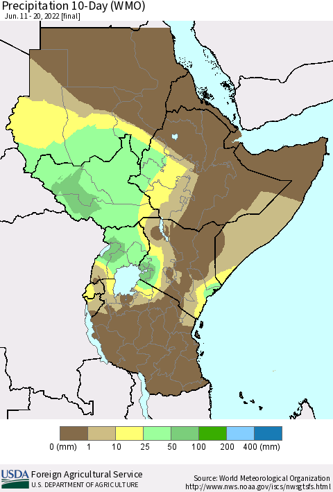 Eastern Africa Precipitation 10-Day (WMO) Thematic Map For 6/11/2022 - 6/20/2022