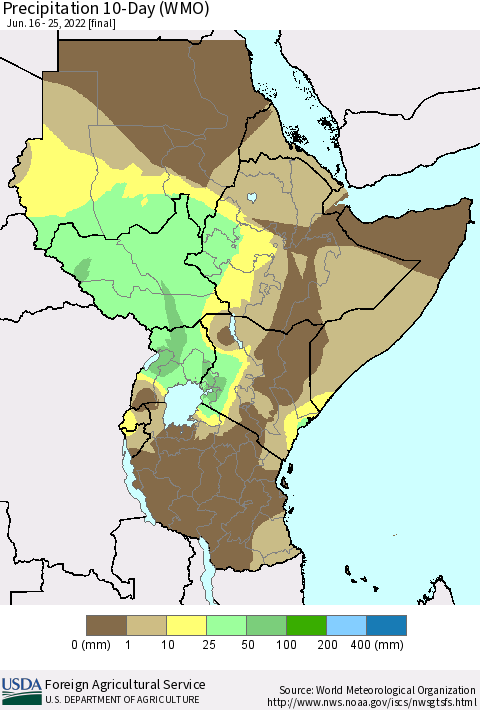 Eastern Africa Precipitation 10-Day (WMO) Thematic Map For 6/16/2022 - 6/25/2022
