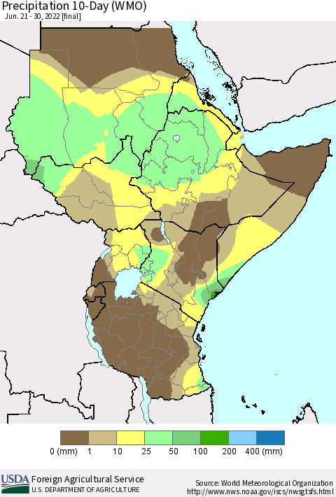 Eastern Africa Precipitation 10-Day (WMO) Thematic Map For 6/21/2022 - 6/30/2022