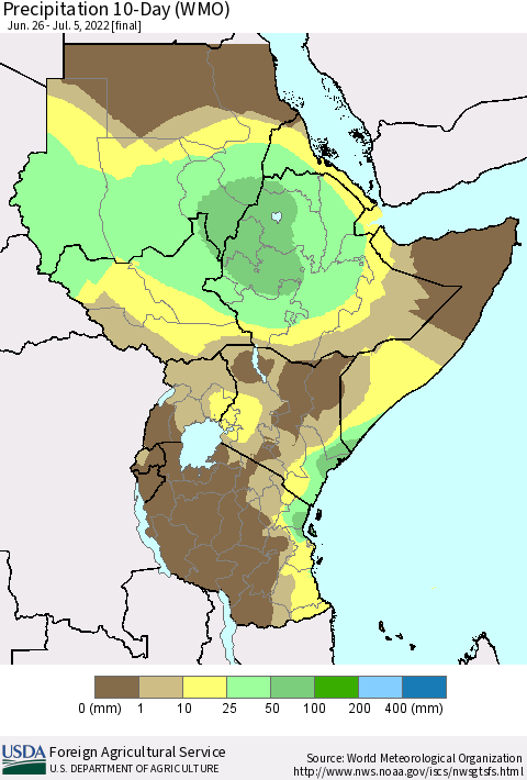 Eastern Africa Precipitation 10-Day (WMO) Thematic Map For 6/26/2022 - 7/5/2022