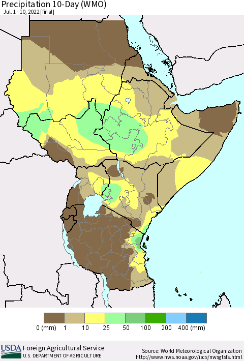 Eastern Africa Precipitation 10-Day (WMO) Thematic Map For 7/1/2022 - 7/10/2022