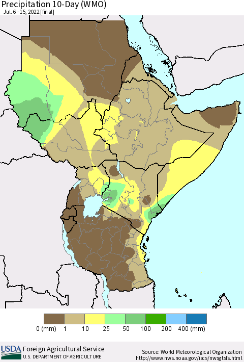 Eastern Africa Precipitation 10-Day (WMO) Thematic Map For 7/6/2022 - 7/15/2022
