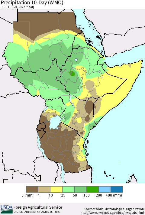 Eastern Africa Precipitation 10-Day (WMO) Thematic Map For 7/11/2022 - 7/20/2022