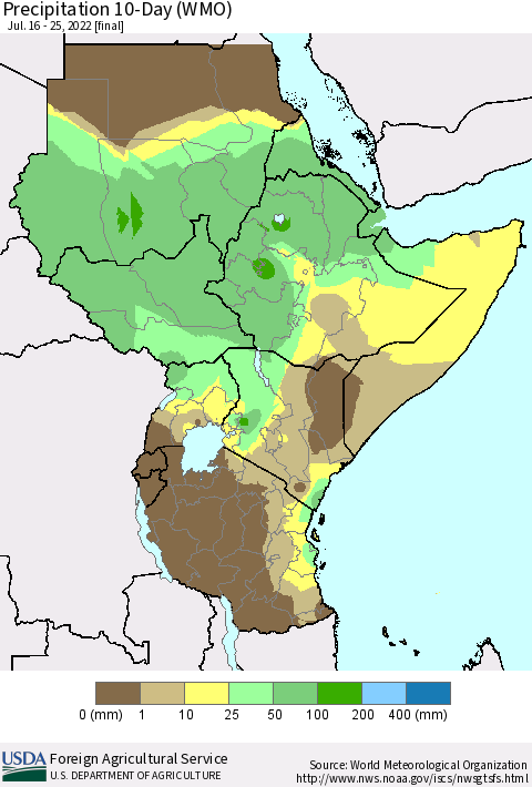 Eastern Africa Precipitation 10-Day (WMO) Thematic Map For 7/16/2022 - 7/25/2022