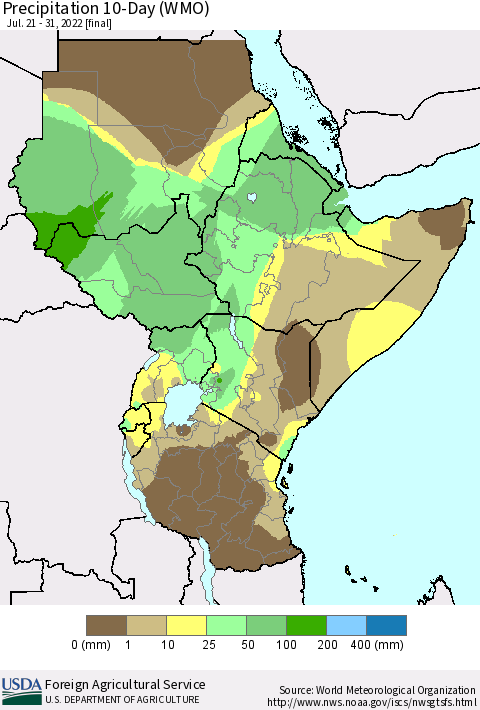 Eastern Africa Precipitation 10-Day (WMO) Thematic Map For 7/21/2022 - 7/31/2022