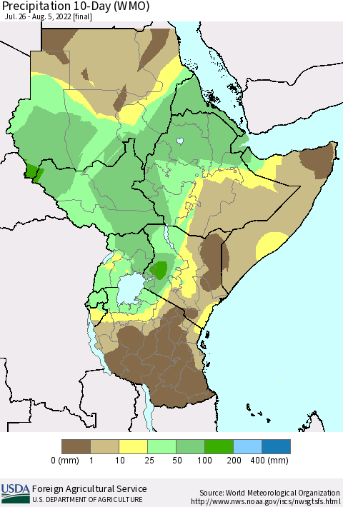 Eastern Africa Precipitation 10-Day (WMO) Thematic Map For 7/26/2022 - 8/5/2022
