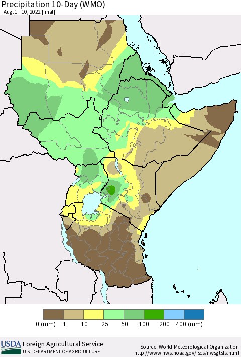 Eastern Africa Precipitation 10-Day (WMO) Thematic Map For 8/1/2022 - 8/10/2022