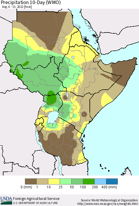 Eastern Africa Precipitation 10-Day (WMO) Thematic Map For 8/6/2022 - 8/15/2022