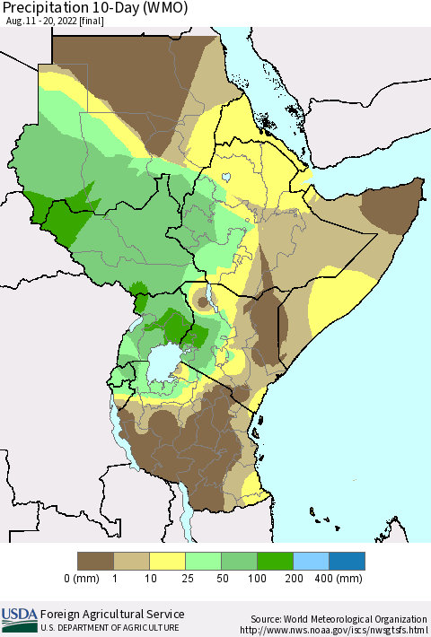 Eastern Africa Precipitation 10-Day (WMO) Thematic Map For 8/11/2022 - 8/20/2022