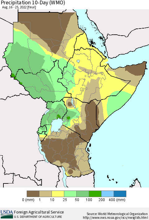 Eastern Africa Precipitation 10-Day (WMO) Thematic Map For 8/16/2022 - 8/25/2022