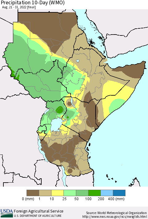 Eastern Africa Precipitation 10-Day (WMO) Thematic Map For 8/21/2022 - 8/31/2022
