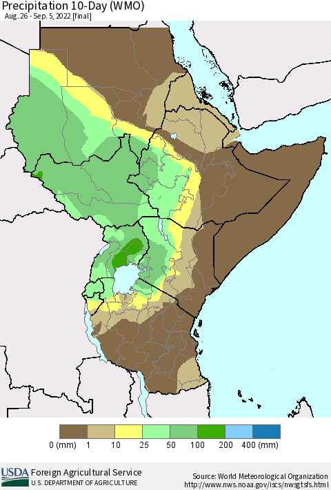 Eastern Africa Precipitation 10-Day (WMO) Thematic Map For 8/26/2022 - 9/5/2022