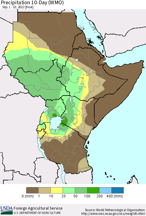 Eastern Africa Precipitation 10-Day (WMO) Thematic Map For 9/1/2022 - 9/10/2022